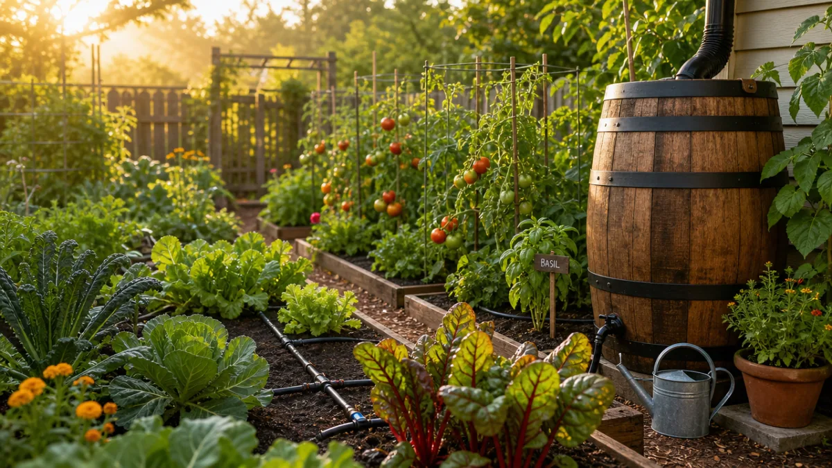 a lush vegetable garden with drip irrigation lines and a wooden rain…