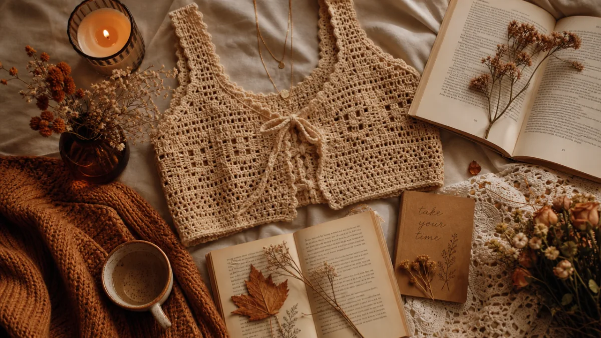 a cozy autumnal flat lay with crochet top, open books, dried flowers,…