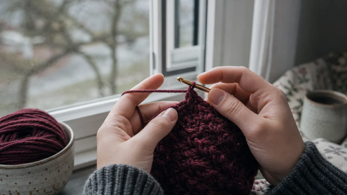 hands working burgundy yarn with a crochet hook near an open window,…