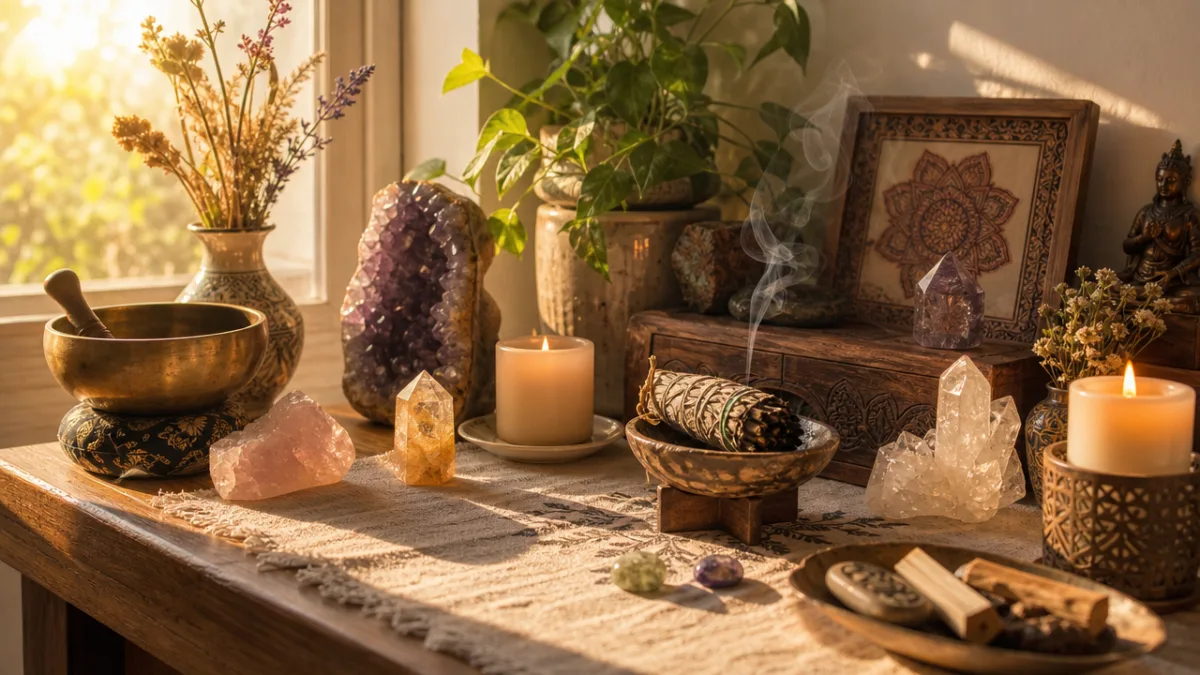 a sunlit wooden altar with crystals, candles, and sage arranged peacefully, warm…