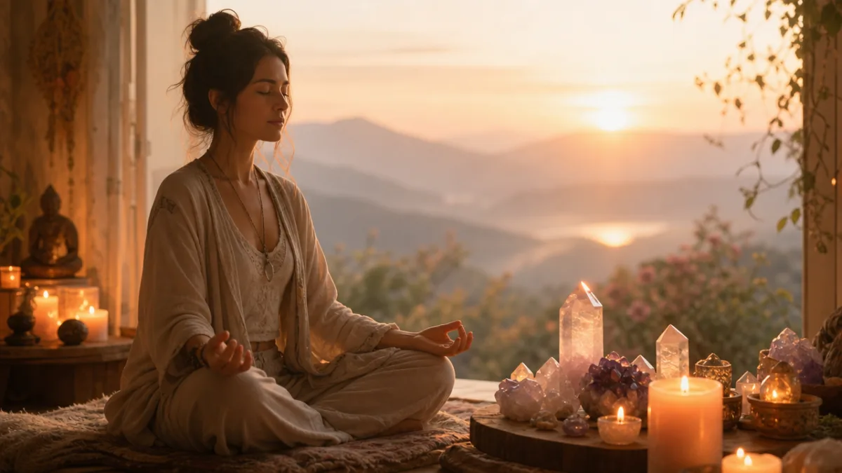 a woman meditating beside glowing candles and crystals at dawn, soft warm…