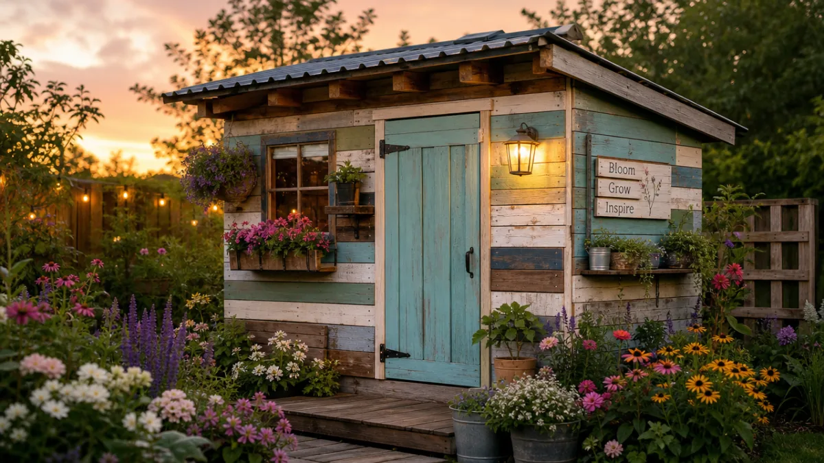 a charming finished pallet garden shed surrounded by blooming flowers, warm dusk…