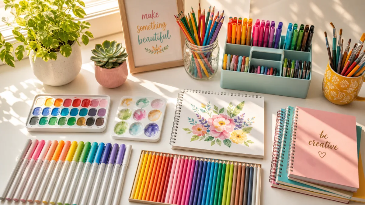 colorful art supplies arranged neatly on a white table, bright cheerful natural…
