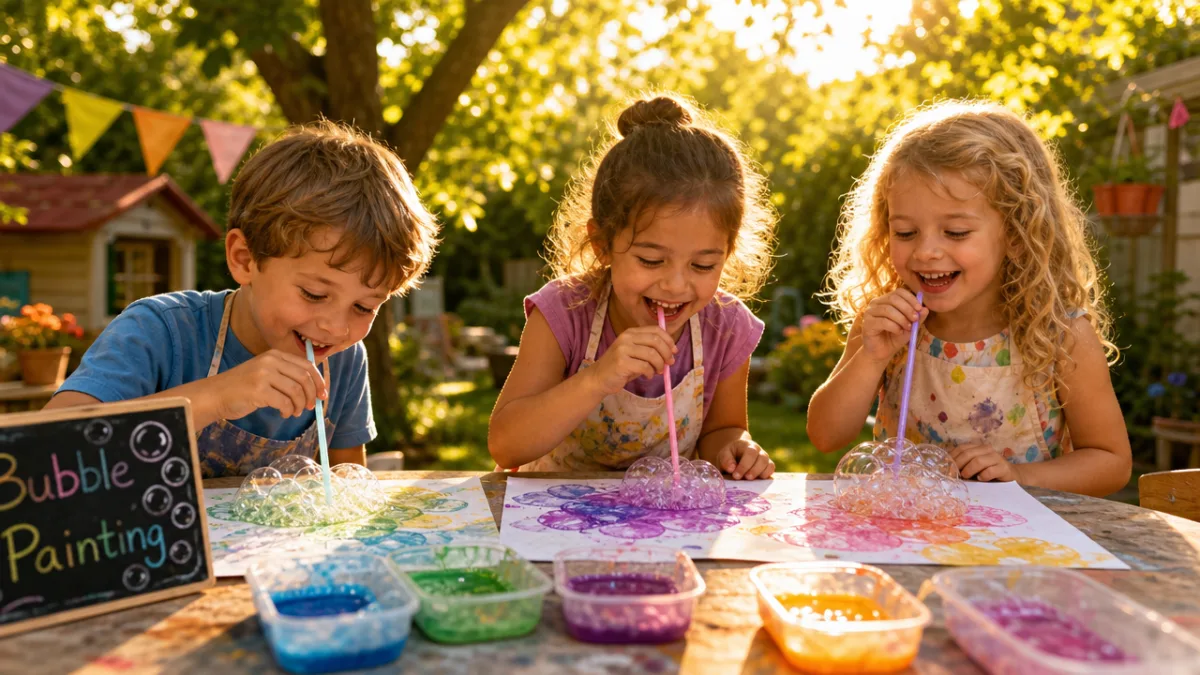 children joyfully doing bubble painting at an outdoor table, warm golden summer…