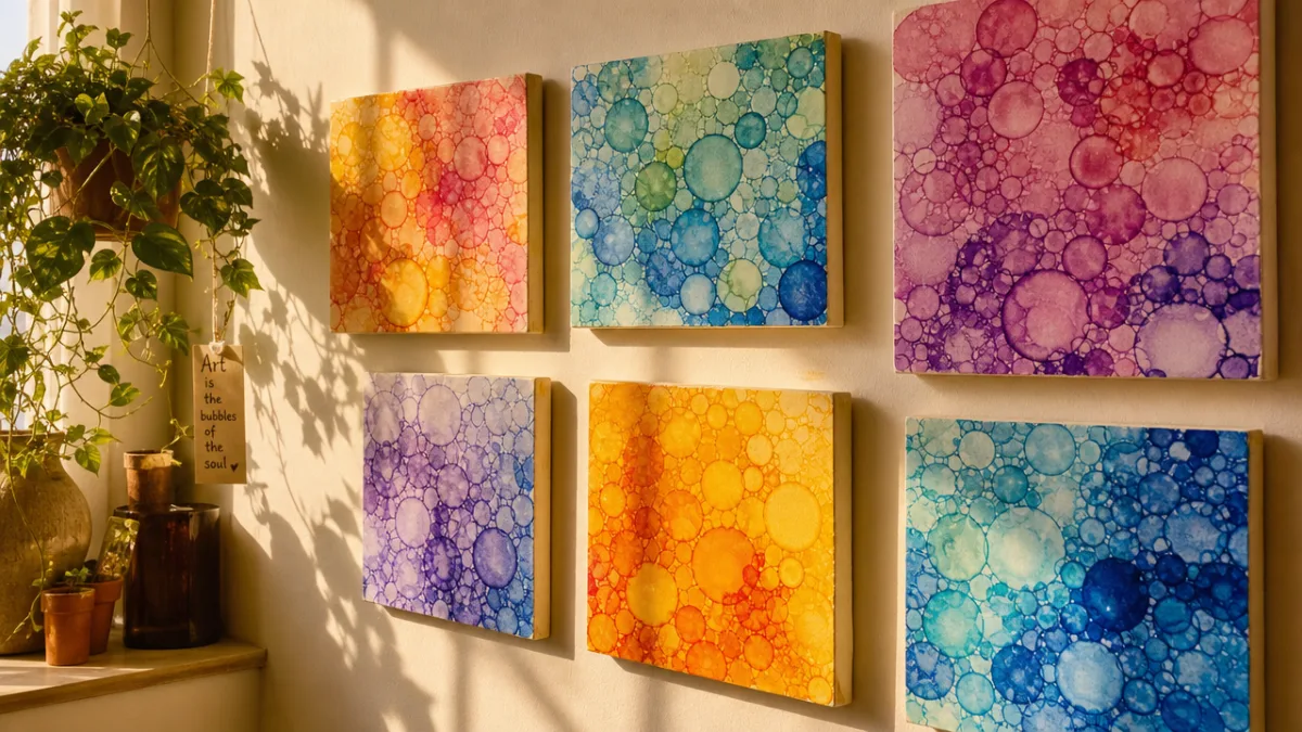 vibrant dried bubble paintings displayed on a sunlit wall, warm ambient light…