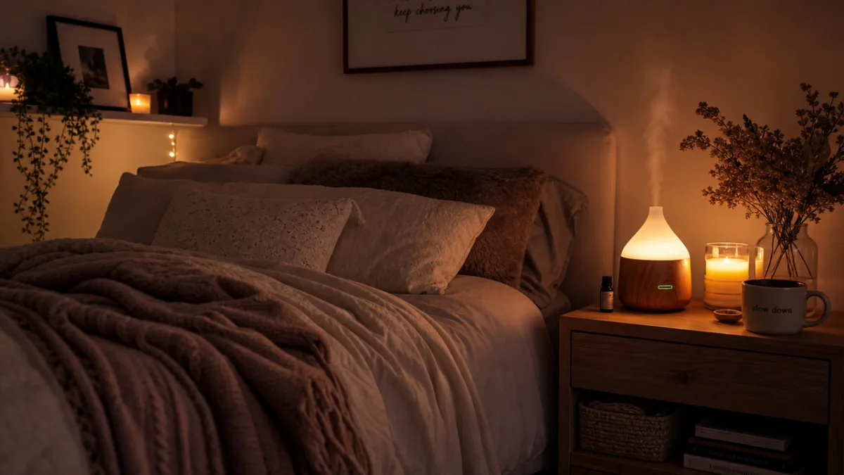 a cozy dimly lit bedroom with warm candlelight, soft blankets, and a…