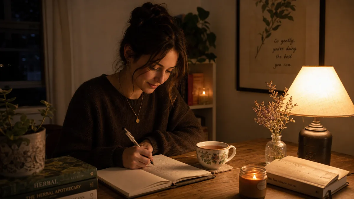 a person writing peacefully in a journal beside a warm lamp with…