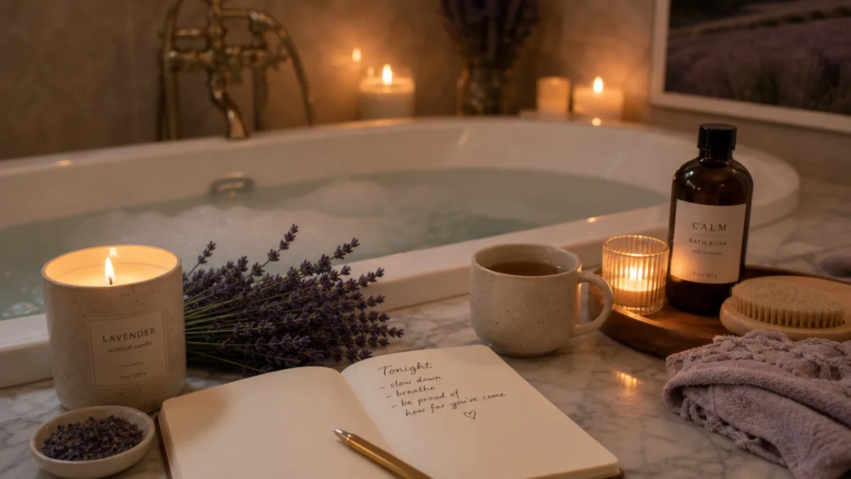 a serene evening wellness ritual with warm bath, glowing candles, and lavender…