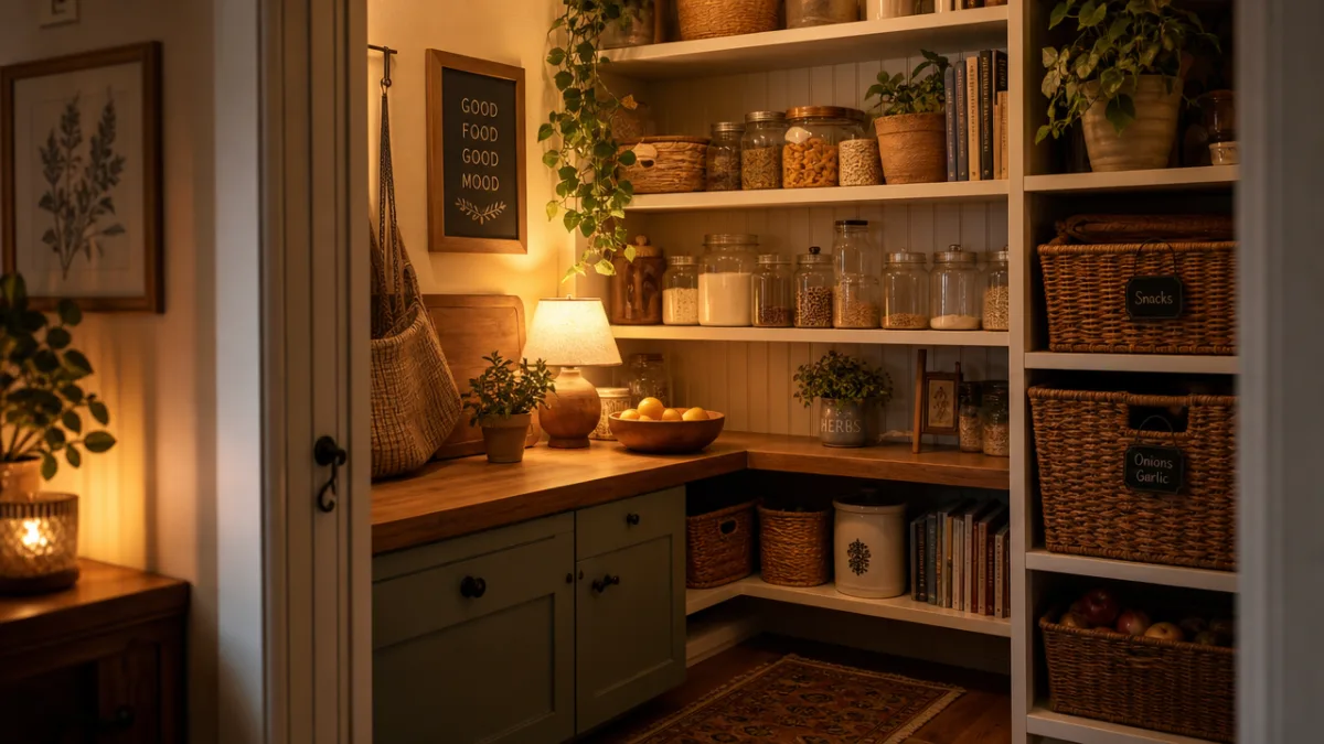 a cozy kitchen pantry corner with woven baskets, green plants on shelves,…