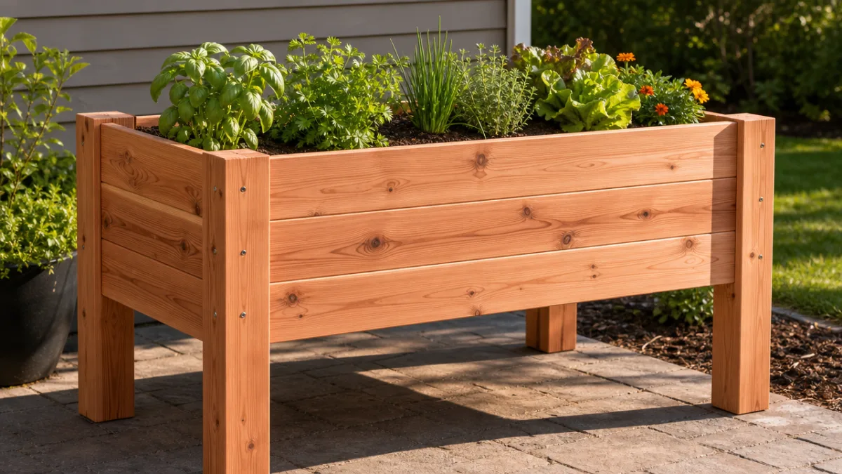 a freshly assembled cedar elevated garden planter outdoors in warm afternoon sunlight,…