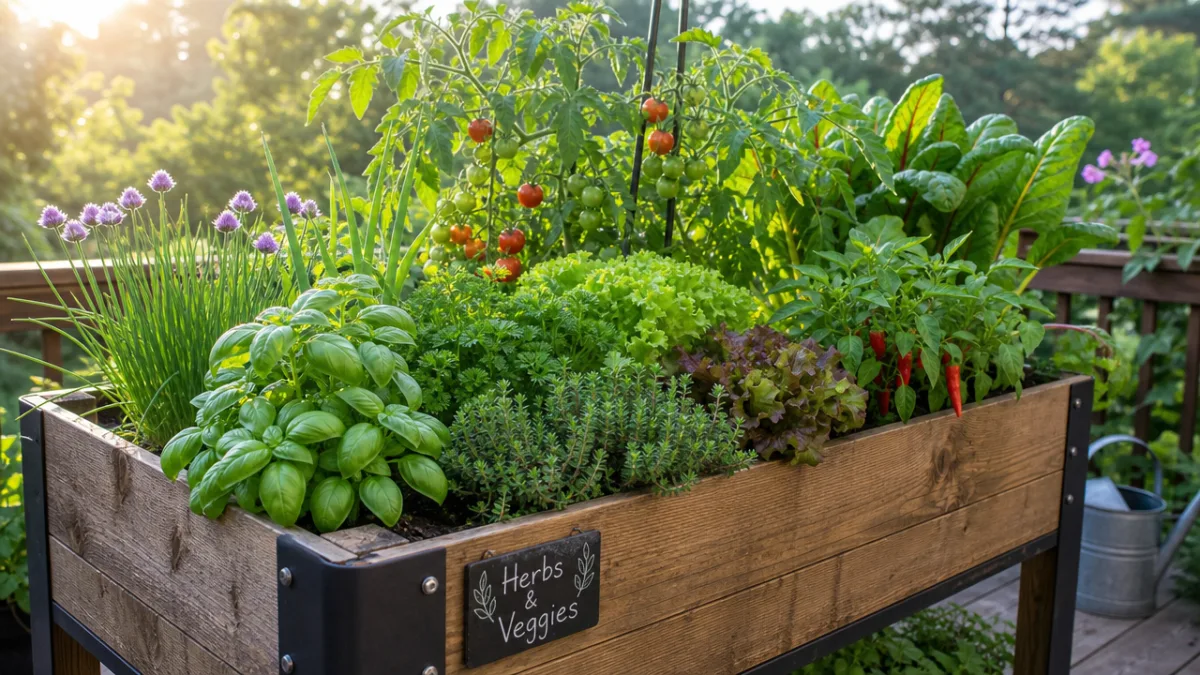 a thriving elevated garden planter filled with lush herbs and vegetables, soft…