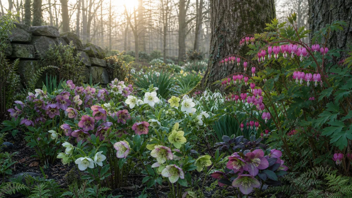 a lush early spring garden bed filled with hellebores and bleeding heart,…