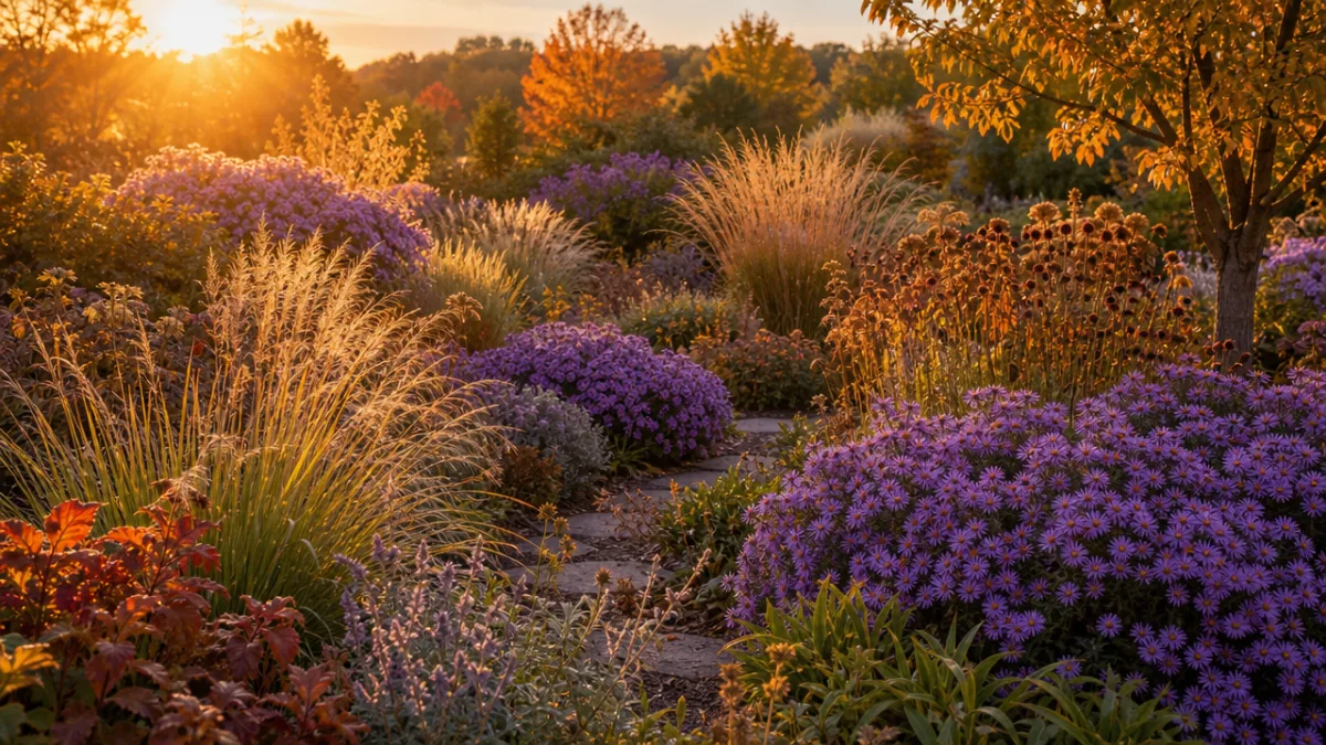 a sweeping autumn perennial garden with asters and ornamental grasses glowing in…
