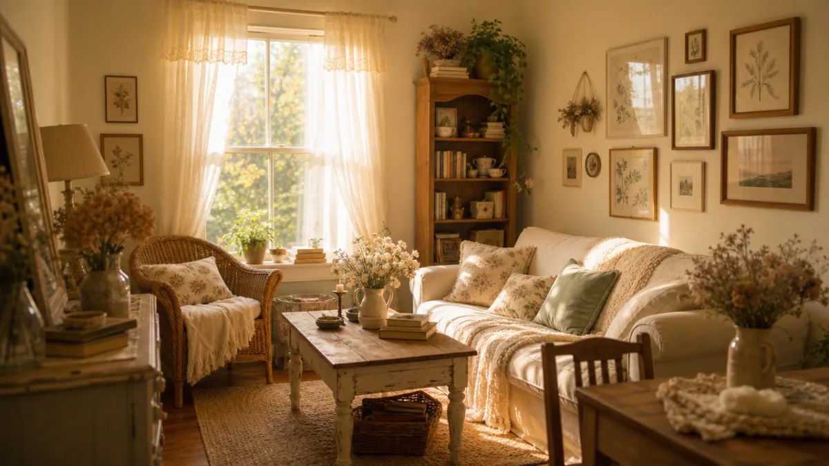 a cozy cottagecore living room with warm cream walls, dried flowers, and…