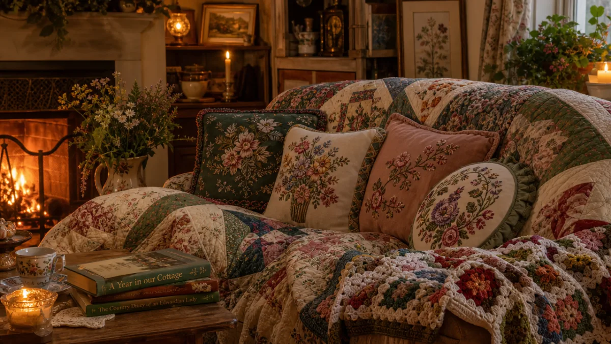 richly layered cottagecore living room textiles with quilts, embroidered cushions, and a…