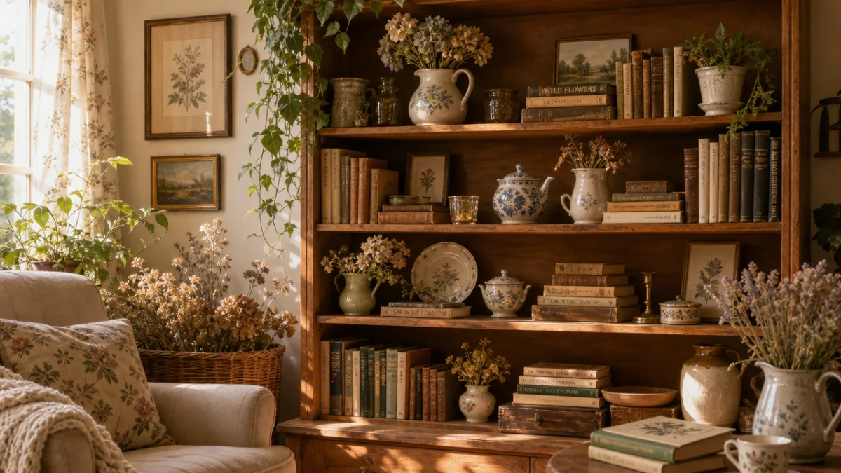 a sun-drenched cottagecore living room bookshelf styled with vintage ceramics, dried botanicals,…