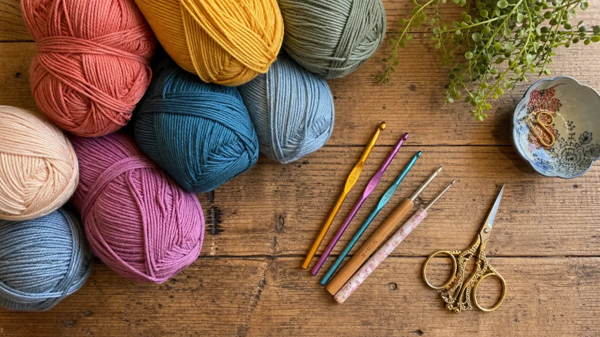 a flat lay of colorful cotton yarn skeins, crochet hooks, and scissors…
