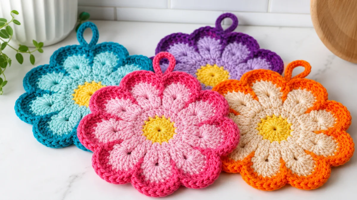 close-up of finished crochet flower potholders in vibrant colors displayed on a…