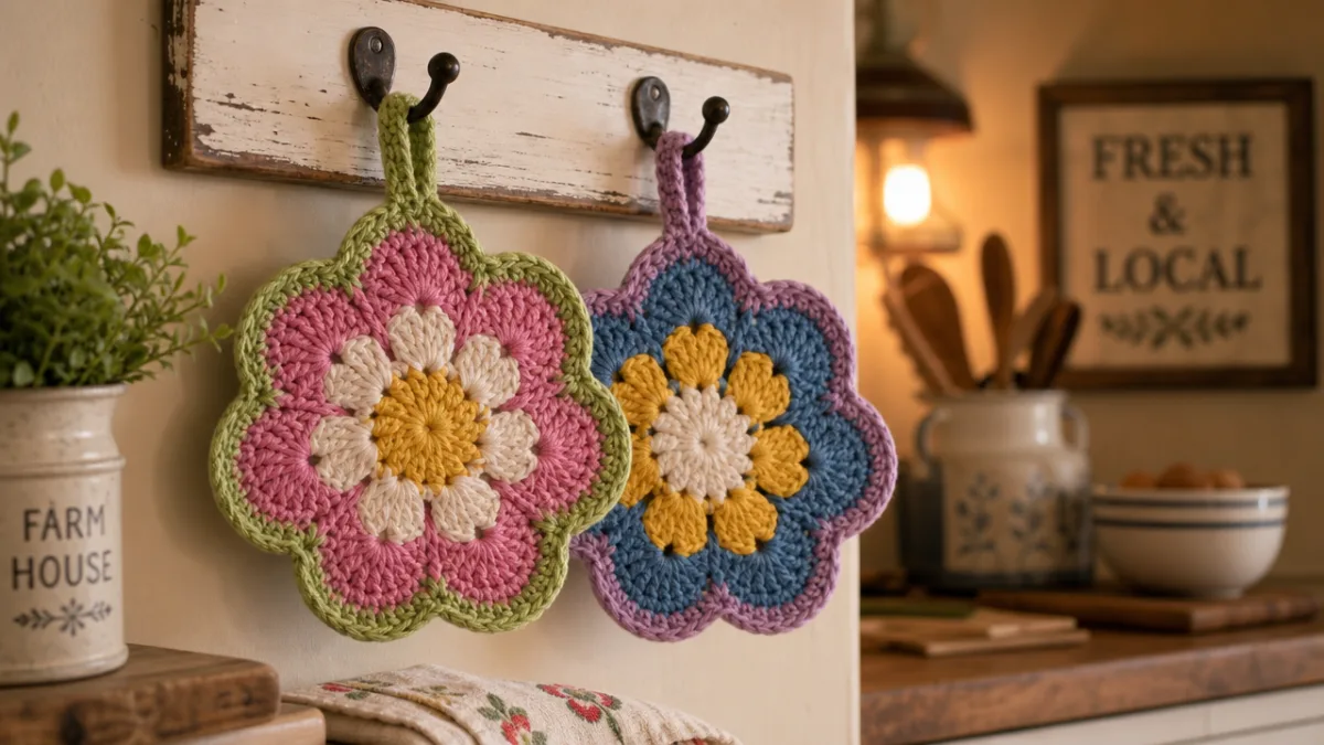 a pair of colorful handmade crochet flower potholders hanging on a farmhouse…