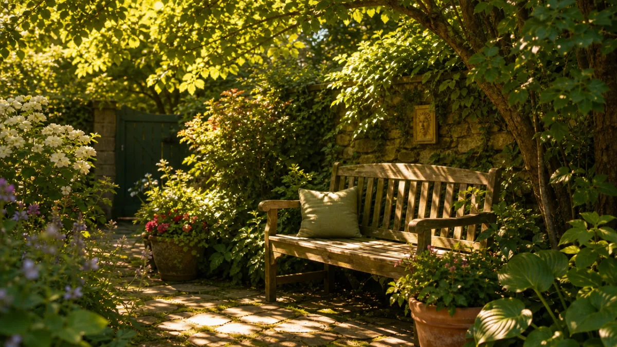 a lush garden corner with dappled sunlight filtering through tree canopy onto…