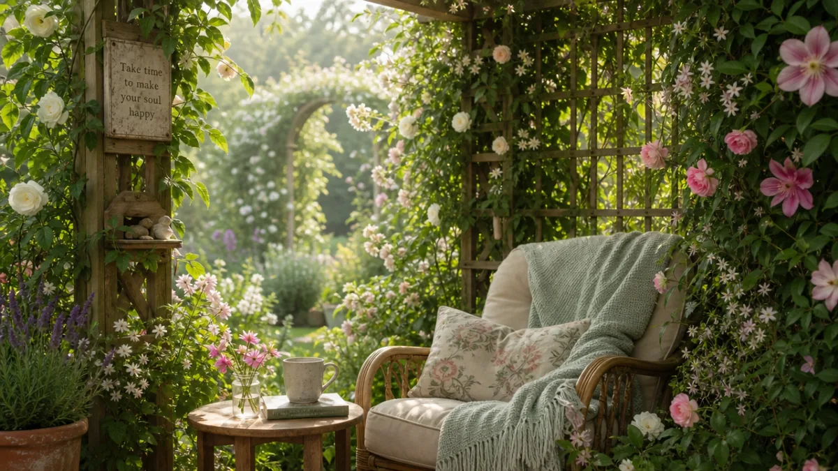 a garden reading nook surrounded by lush climbing plants and flowers on…