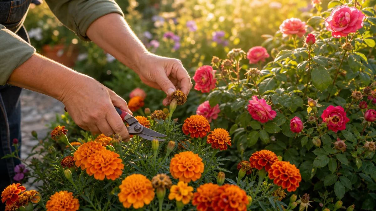 a gardener's hands deadheading vibrant marigolds and roses in a sunlit summer…