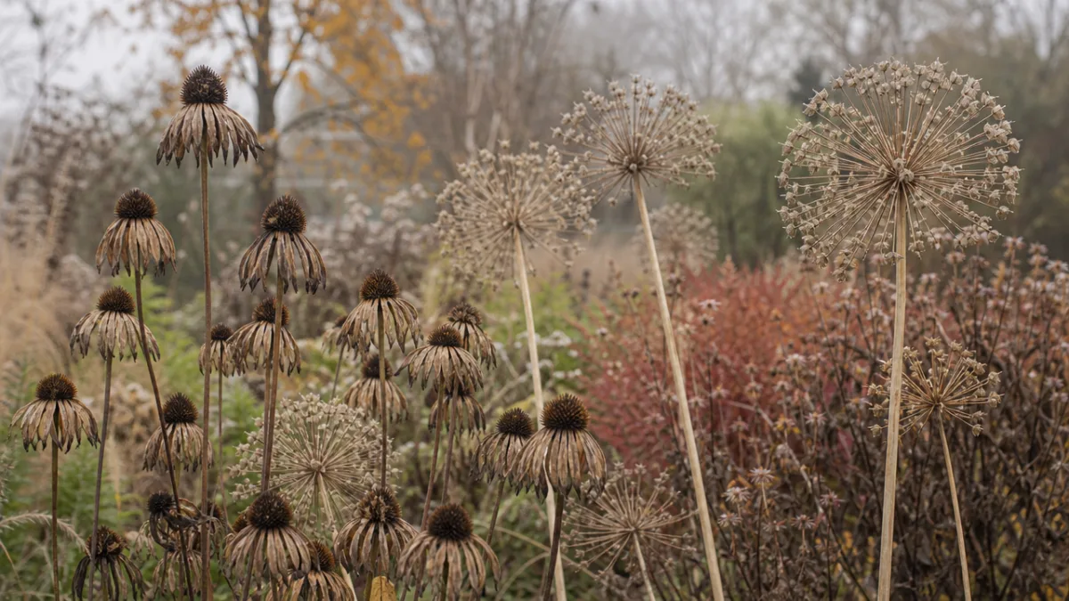 dramatic dried echinacea and allium seed heads in an autumn garden border,…