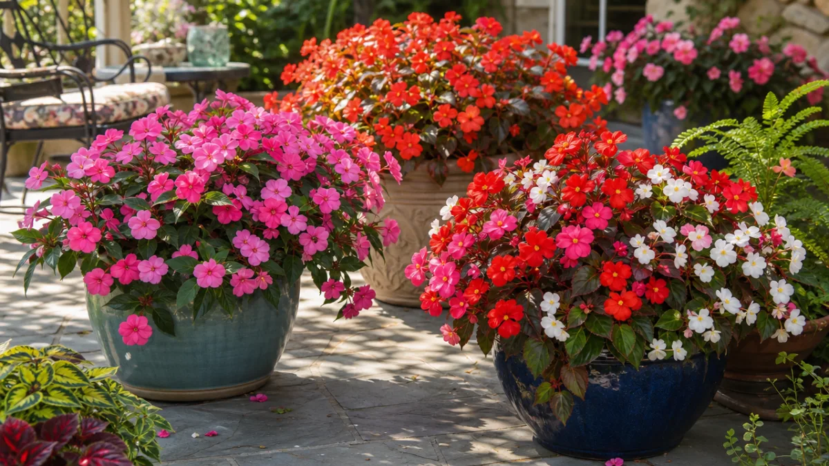 lush colorful containers of self-cleaning impatiens and begonias on a sun-dappled patio,…