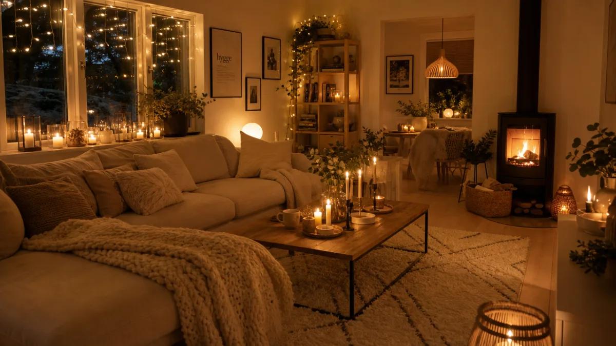a cozy Scandinavian living room illuminated by dozens of warm candles and…
