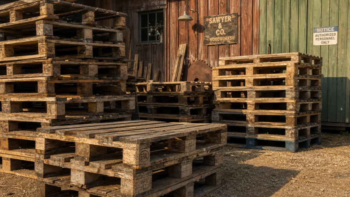 a collection of weathered wooden pallets stacked outdoors in warm afternoon sunlight,…