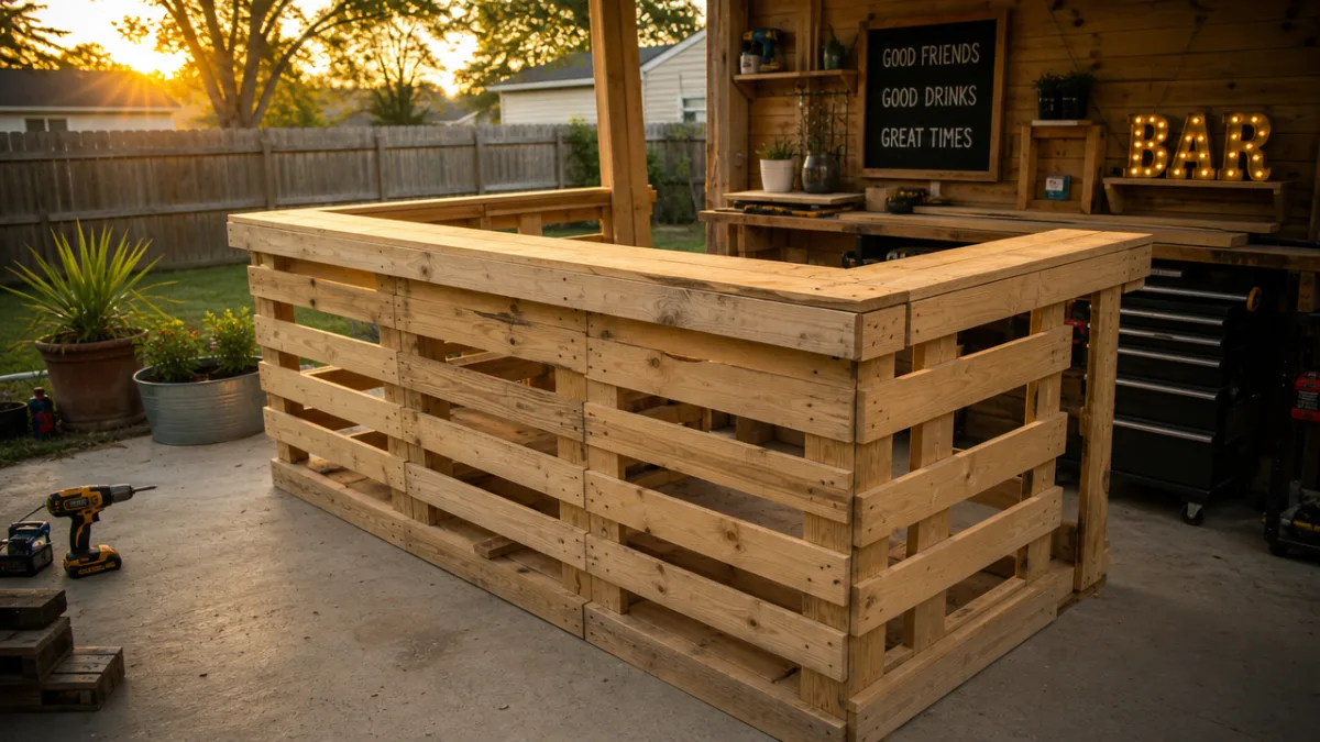 a partially assembled wooden pallet garden bar in a backyard workshop, golden…