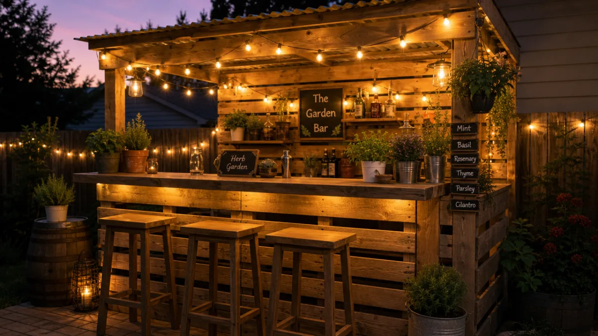 a finished wooden pallet garden bar decorated with fairy lights and potted…