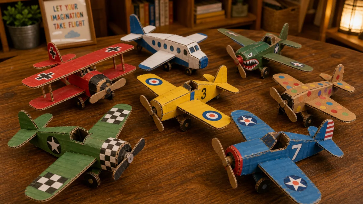 a collection of colorful handmade cardboard airplanes on a wooden table, warm…