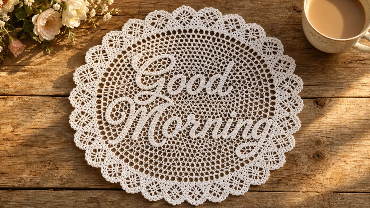 a flat lay of a white crochet doily with elegant cursive lettering…
