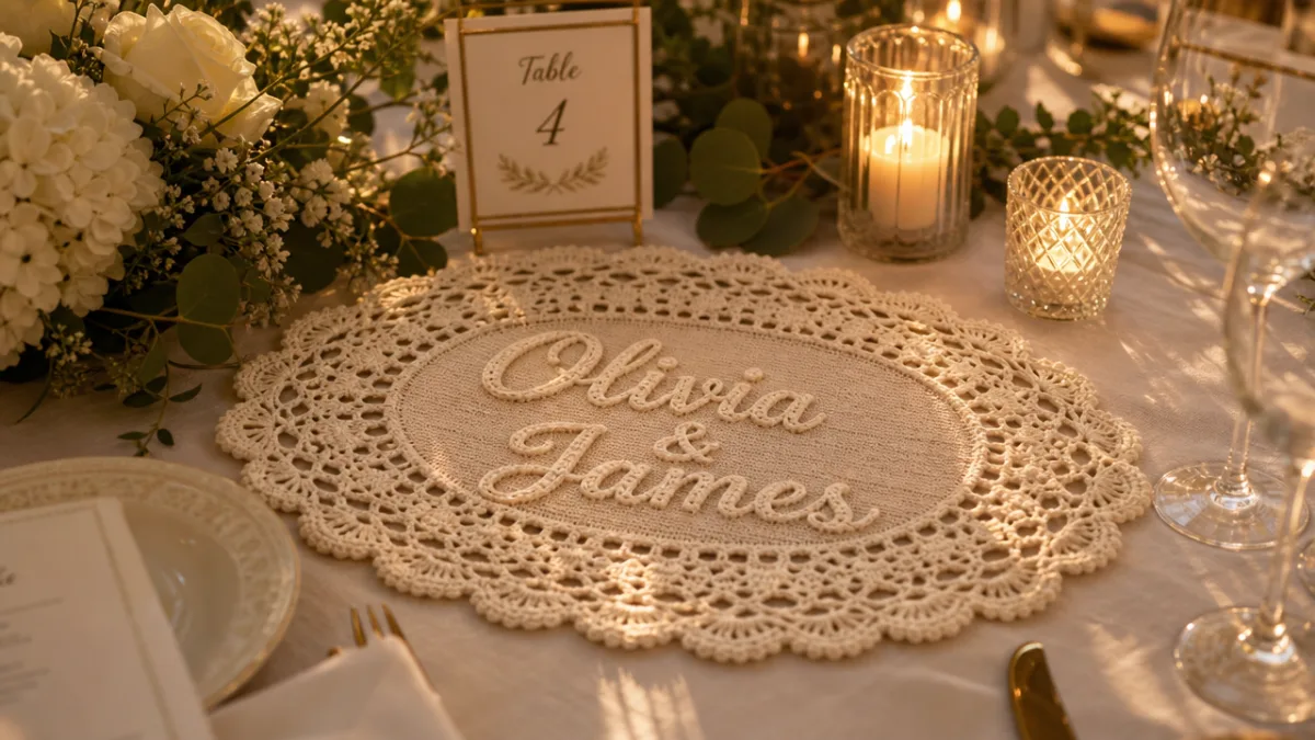 a crochet name doily styled on a wedding reception table with white…