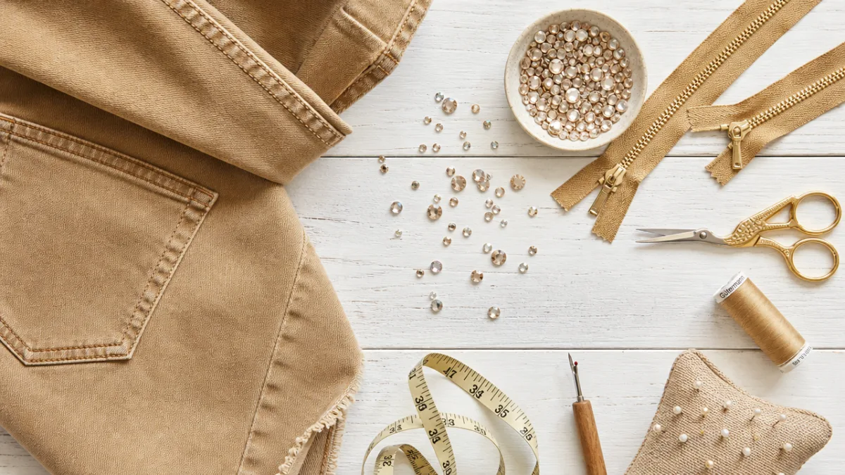 a flat lay of tan denim fabric, rhinestones, gold zippers and sewing…