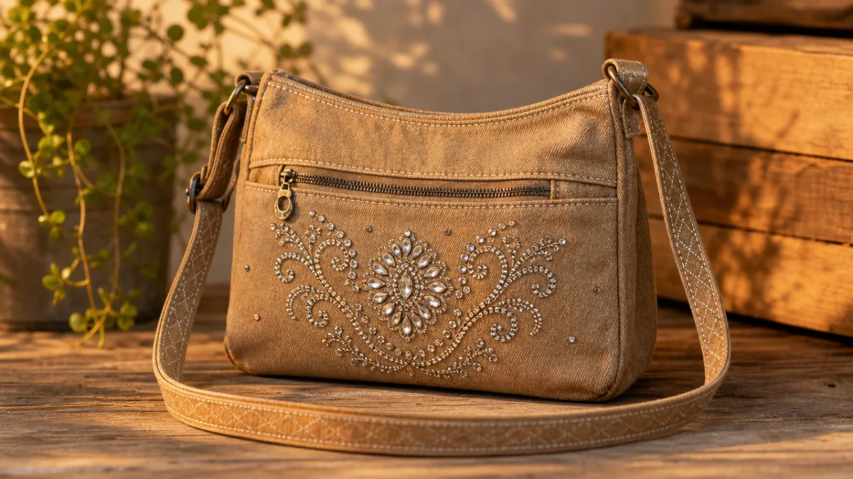 a finished tan denim crossbody bag with rhinestone embellishment displayed on a…