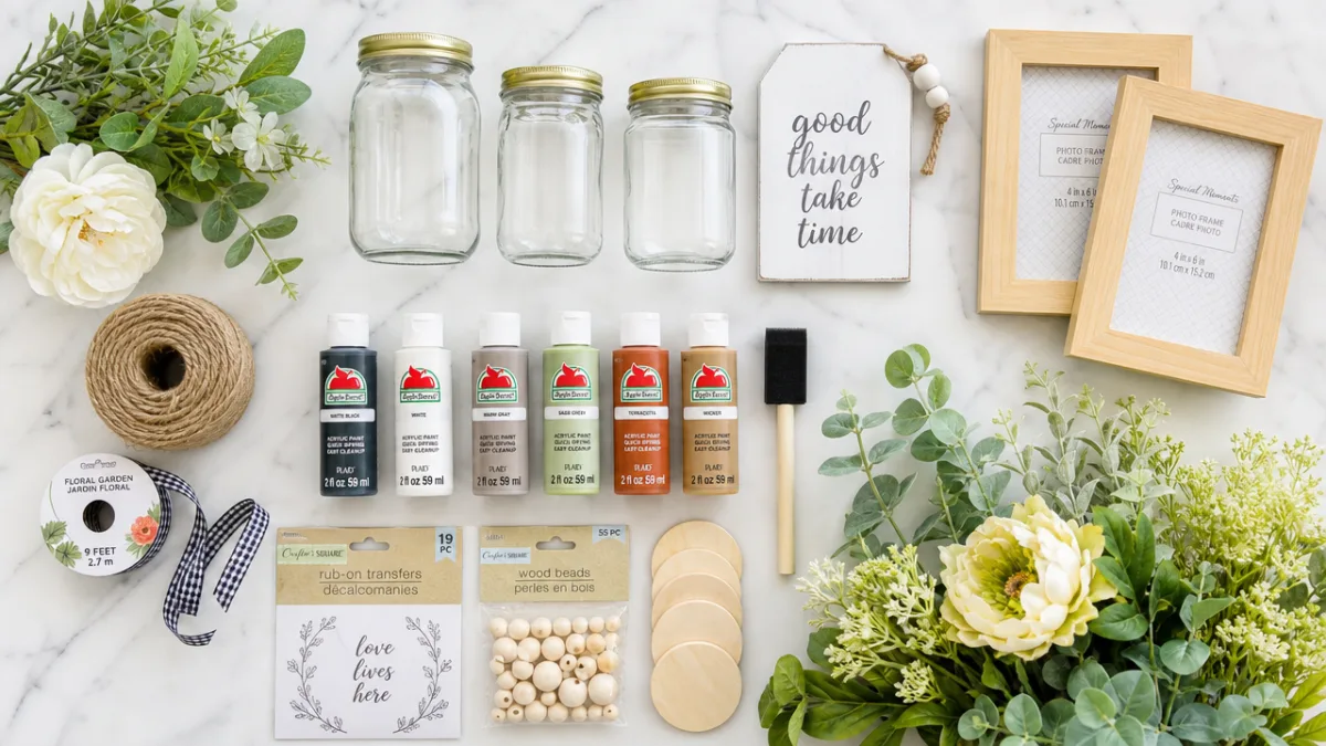 a neatly arranged flat lay of dollar store craft supplies including glass…