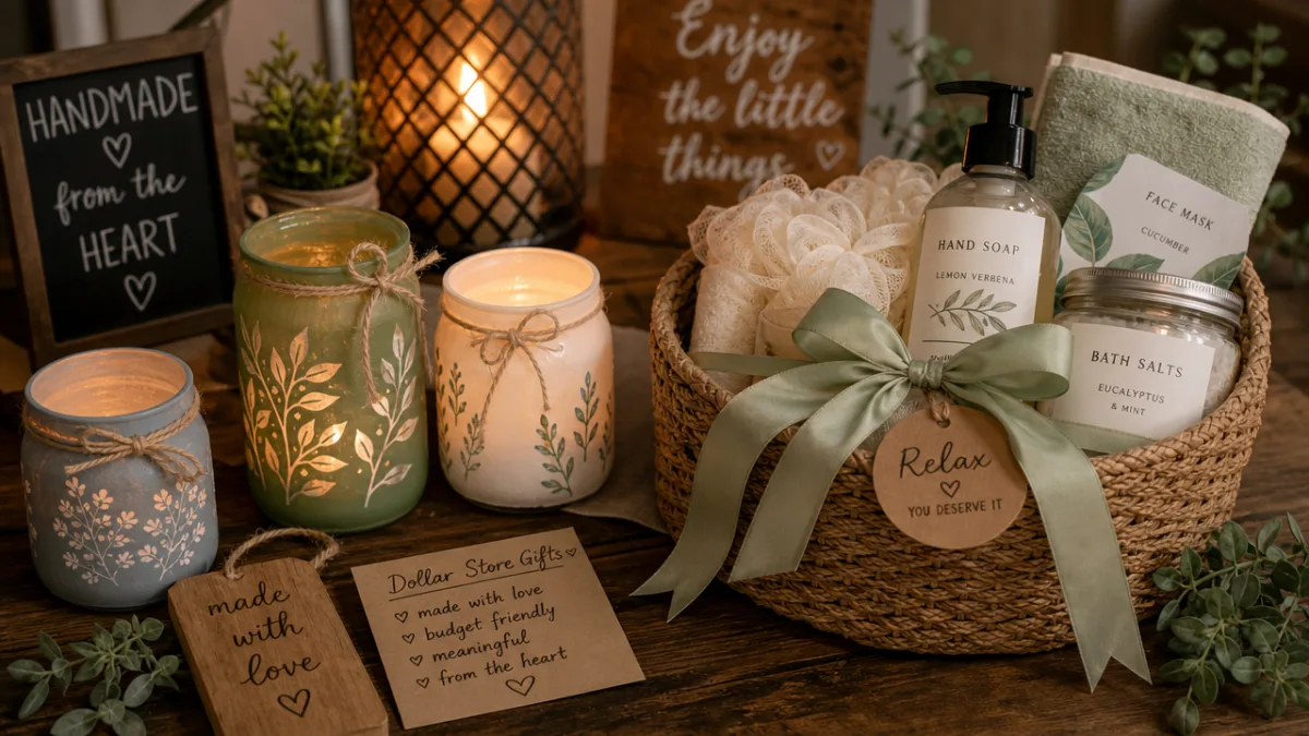 a cozy styled vignette of handmade dollar store gifts including painted candle…