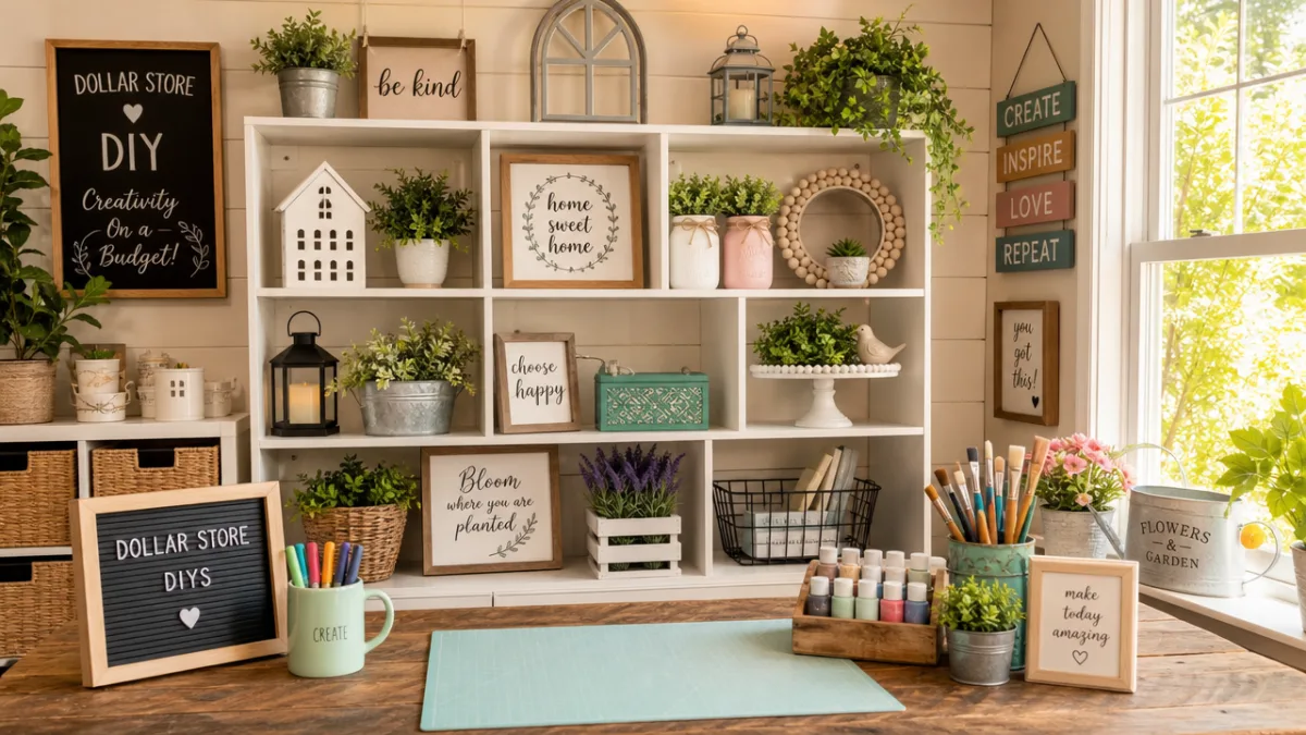 a cheerful well-lit craft workspace with completed dollar store projects displayed on…