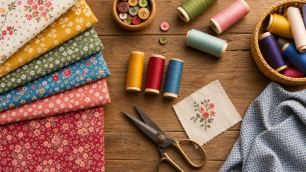 a flat lay of colorful sewing fabrics, thread spools, and scissors on…