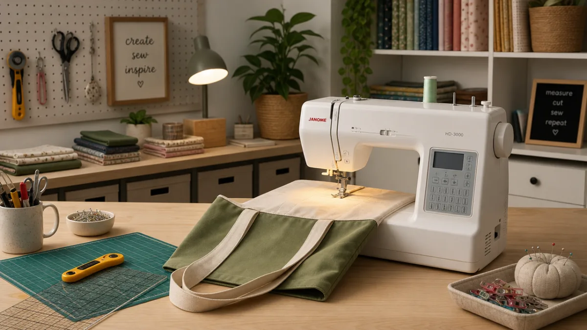 a neatly organized sewing workspace with a tote bag in progress on…