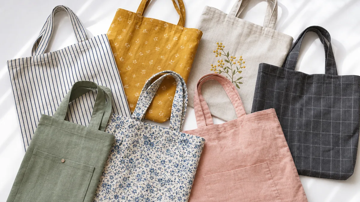 a collection of handmade tote bags in various fabrics arranged on a…