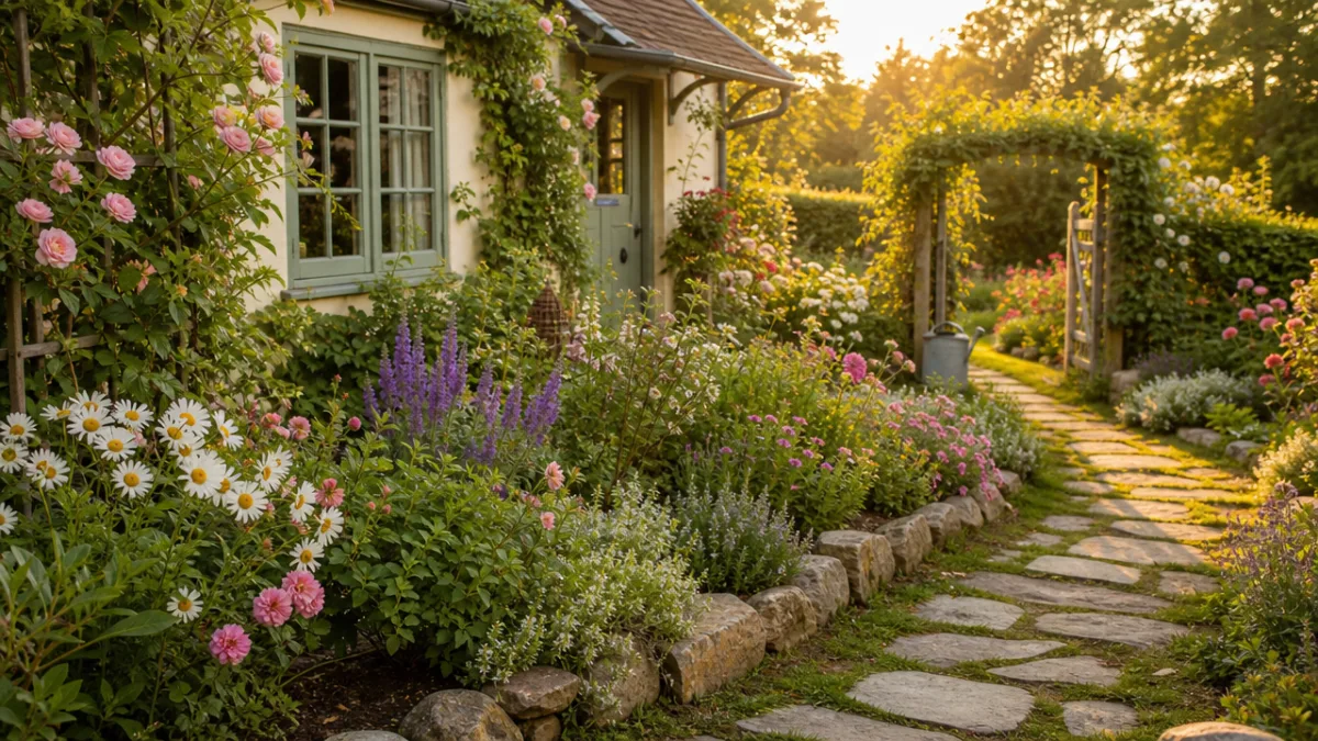 a lush cottage garden with irregular stone edging along flower beds, warm…