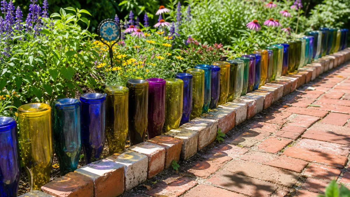 a charming DIY garden edge made from colorful wine bottles and old…
