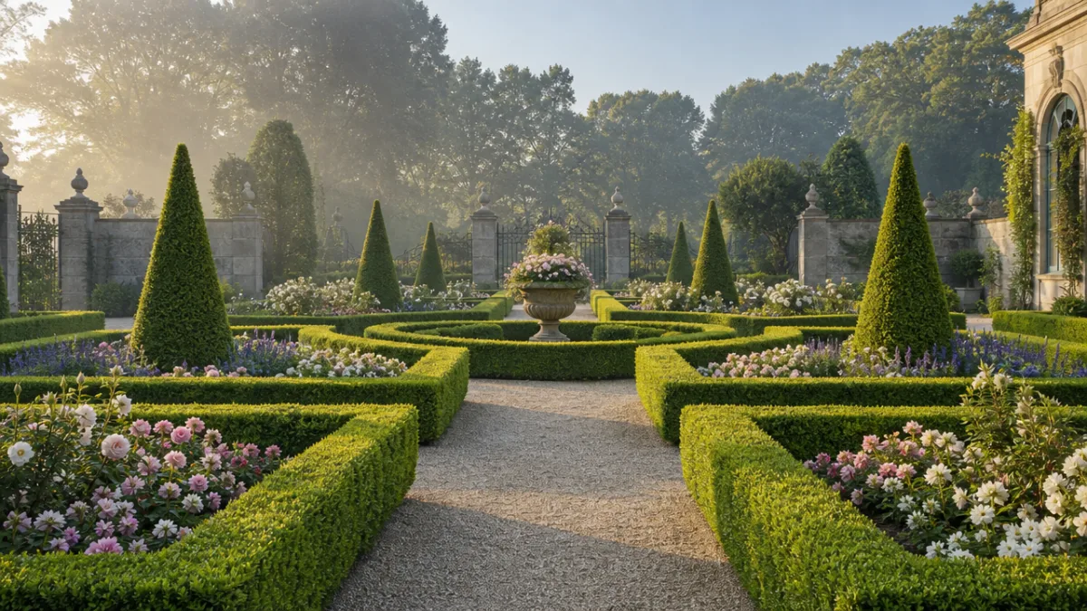 an elegant formal garden with precisely clipped boxwood borders and symmetrical flower…