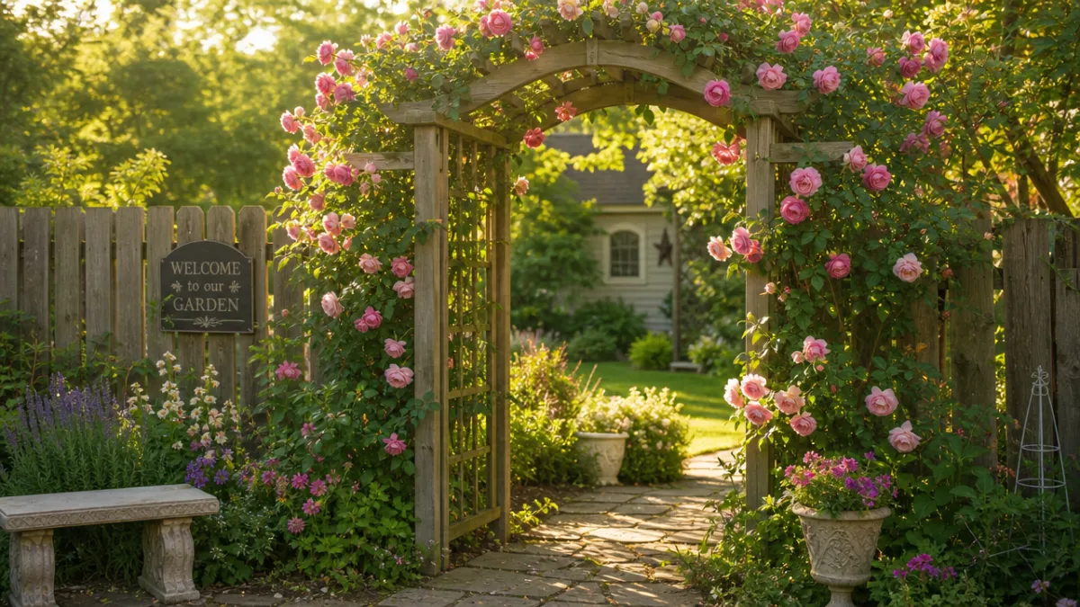 a sunlit backyard garden with a wooden arbor trellis covered in blooming…