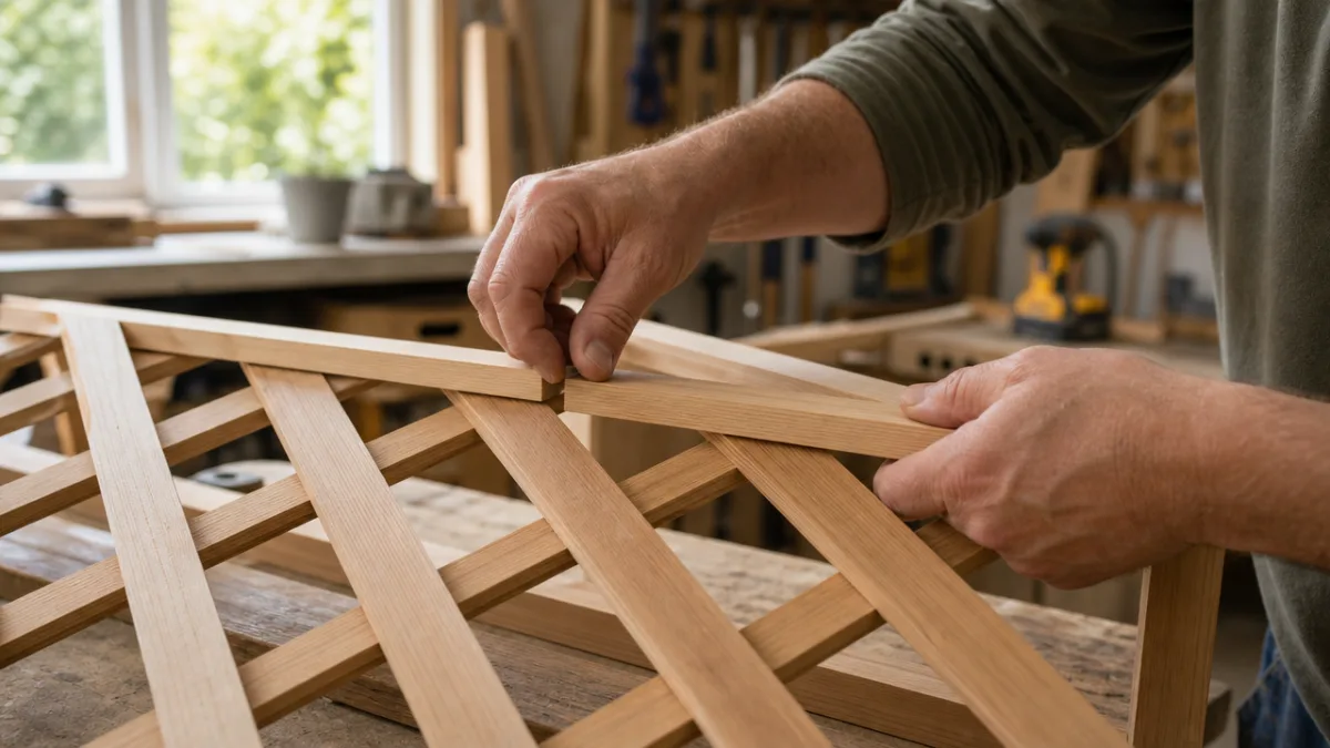 a close-up of hands assembling wooden trellis lattice panels in a workshop,…