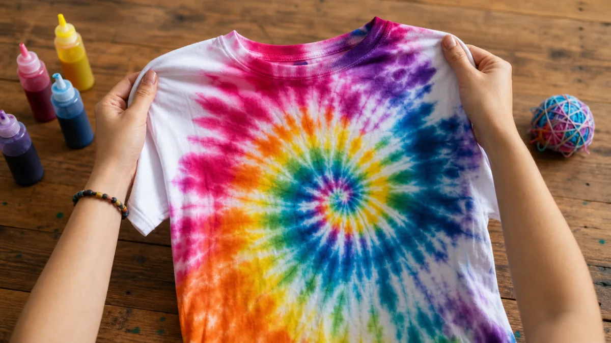 hands holding a freshly tie-dyed white shirt over a wooden table, vibrant…