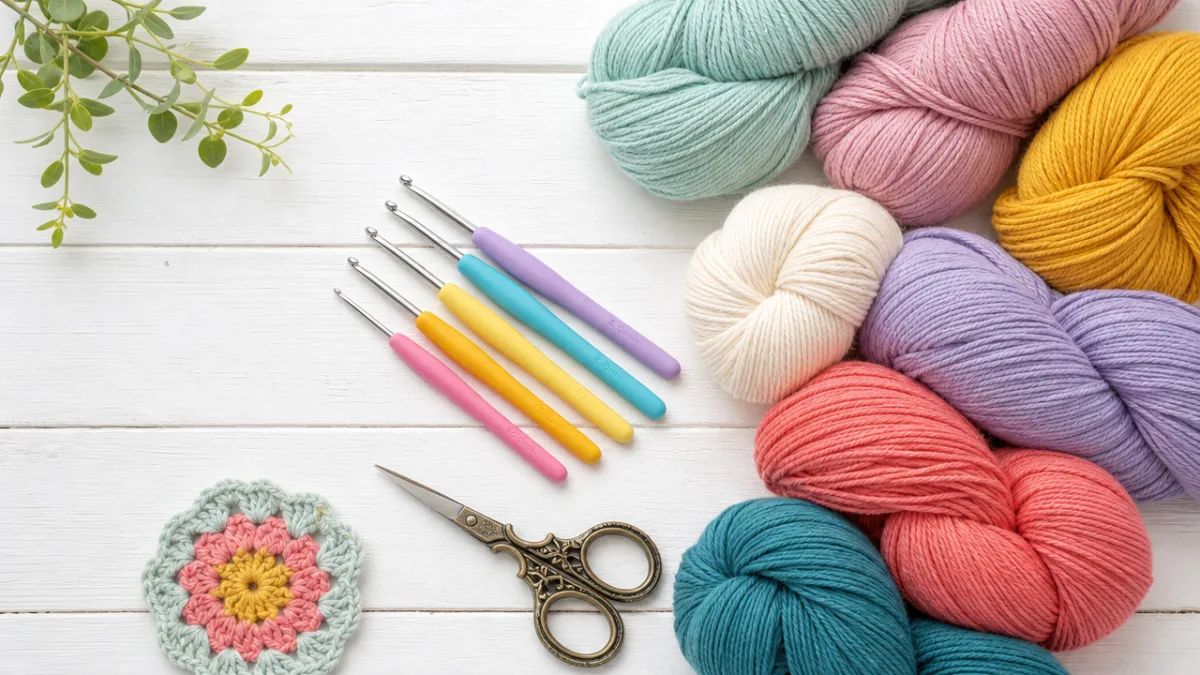 a flat lay of colorful yarn skeins, crochet hooks, and scissors arranged…